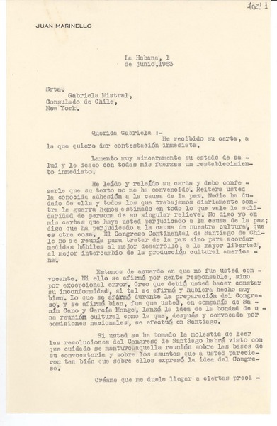 [Carta] 1953 jun. 1, La Habana [a] Gabriela Mistral, New York