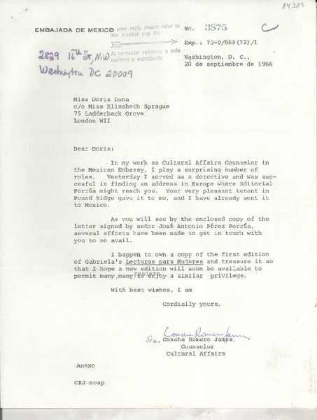 [Carta] 1966 Sept. 20, Washington, D.C., [EE.UU.] [a] Miss Doris Dana, 75 Ladderback Grove, London WII, [England]