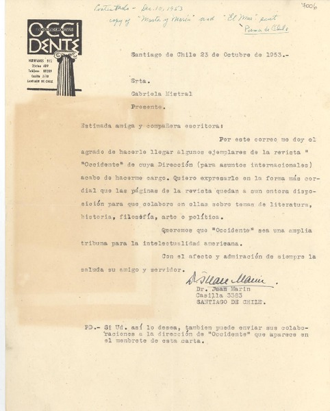 [Carta] 1953 oct. 23, Santiago, Chile [a] Gabriela Mistral
