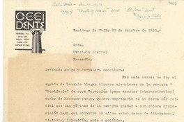 [Carta] 1953 oct. 23, Santiago, Chile [a] Gabriela Mistral