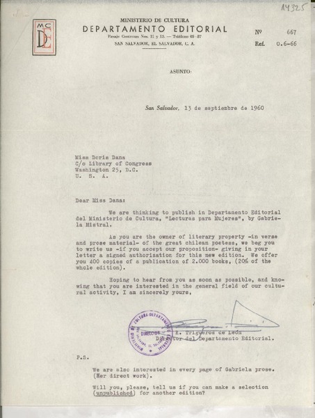 [Carta] 1960 sept. 13, San Salvador, El Salvador [a] Miss Doris Dana, Washington 25, D. C., [EE.UU.]