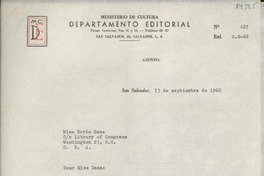 [Carta] 1960 sept. 13, San Salvador, El Salvador [a] Miss Doris Dana, Washington 25, D. C., [EE.UU.]