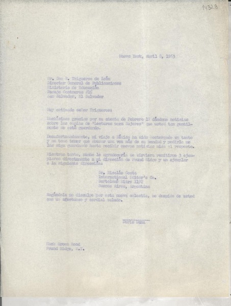 [Carta] 1963 abr. 8, Nueva York, [Estados Unidos] [a] Sr. Don R. Trigueros de León, Director General de Publicaciones, Ministerio de Educación, San Salvador, El Salvador