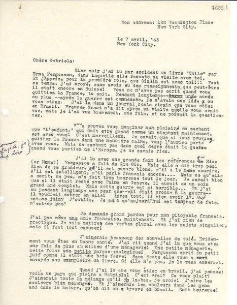 [Carta] 1943 avril 7, New York, [Estados Unidos] [a] Gabriela Mistral