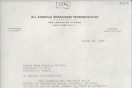 [Carta] 1945 ago. 28, [New York, Estados Unidos] [a] Señora Doña Gabriela Mistral, Consulado de Chile, Petrópolis, Brasil