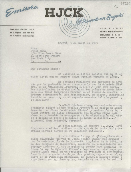 [Carta] 1963 mar. 5, Bogotá, [Colombia] [a] Miss Doris Dana, New York City, U. S. A.
