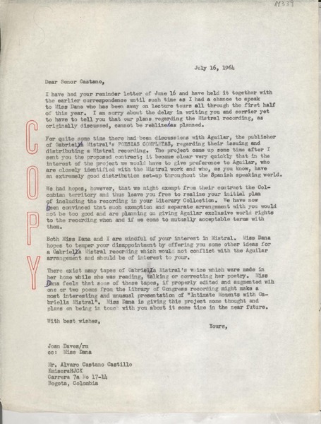 [Carta] 1964 July 16, [EE.UU.] [al] Señor Alvaro Castaño Castillo, Emisora HJCK, Carrera 7a. N°. 17-14, Bogotá, Colombia