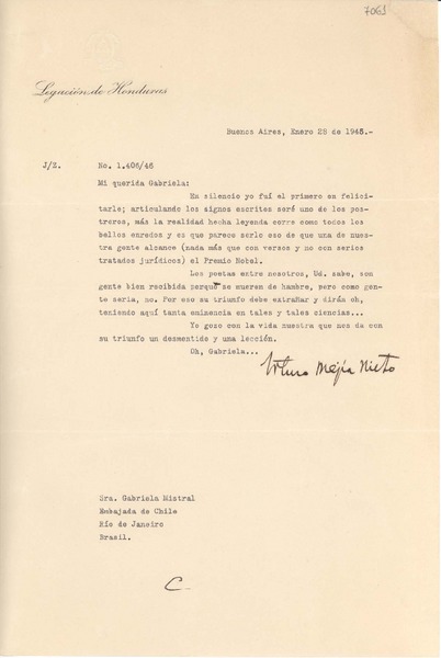 [Carta] 1946 ene. 28, Buenos Aires [a] Gabriela Mistral, Río de Janeiro, Brasil