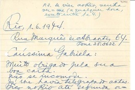 [Carta] 1944 jun. 1, Rio [de Janeiro], [Brasil] [a] Gabriela [Mistral]