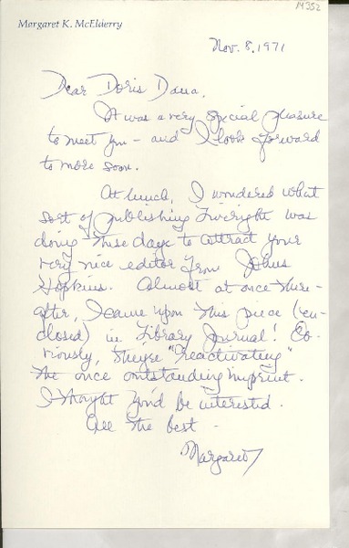 [Carta] 1971 Nov. 8, [EE.UU.] [a] Dear Doris Dana