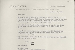 [Carta] 1972 Feb. 1, 515 Madison Avenue, New York, N.Y. 10022, Plaza 9-6250, [EE.UU.] [a] Ms. Doris Dana, co Shaw Company, The Portuguese Line, Lisbon, Portugal