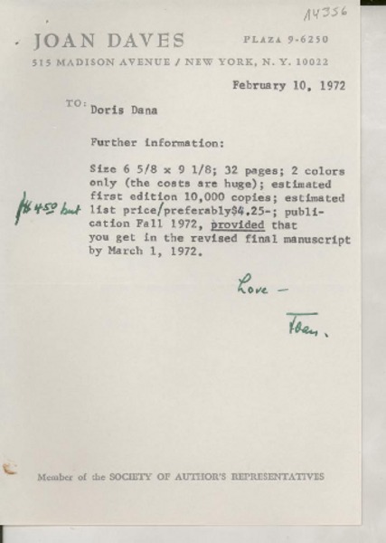 [Carta] 1972 Feb. 10, 515 Madison Avenue, New York, N.Y. 10022, Plaza 9-6250, [EE.UU.] [a] Doris Dana