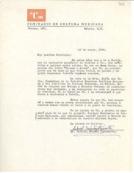 [Carta] 1949 ene. 10, México D.F. [a] Gabriela [Mistral], Fortín de las Flores, [México]