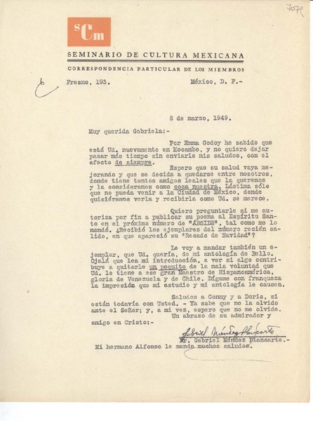 [Carta] 1949 mar. 8, México D.F. [a] Gabriela [Mistral], [Mocambo, México]