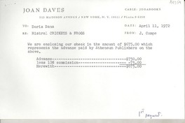 [Recibo] 1972 Apr. 11, 515 Madison Avenue, New York, N.Y. 10022, Plaza 9-6250, [EE.UU.] [a] Doris Dana
