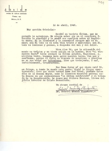 [Carta] 1949 abr. 12, [México D.F.] [a] Gabriela [Mistral], [Jalapa, México]