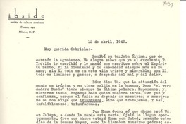 [Carta] 1949 abr. 12, [México D.F.] [a] Gabriela [Mistral], [Jalapa, México]