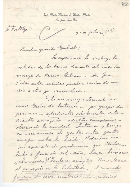 [Carta] [1949] feb. 21, San Juan, Puerto Rico [a] Gabriela Mistral