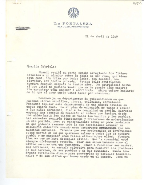 [Carta] 1949 abr. 21, San Juan, Puerto Rico [a] Gabriela Mistral