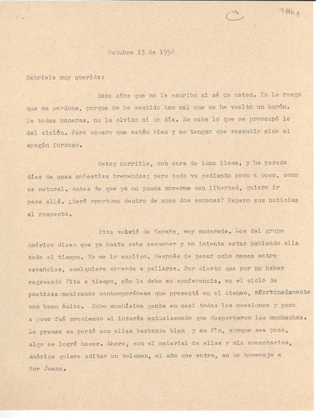 [Carta] 1950 oct. 13, [México] [a] Gabriela [Mistral]