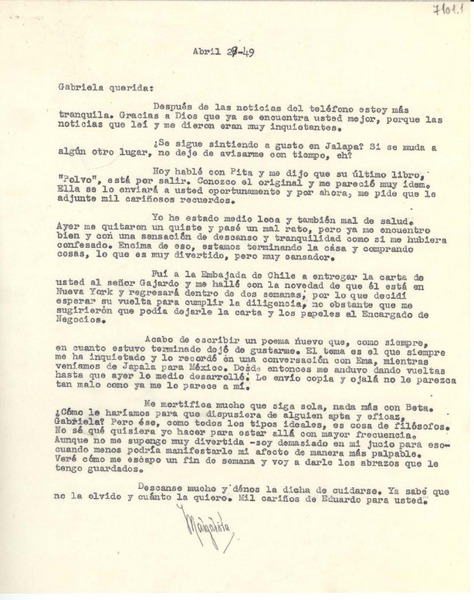 [Carta] 1949 abr. 29, [México] [a] Gabriela Mistral