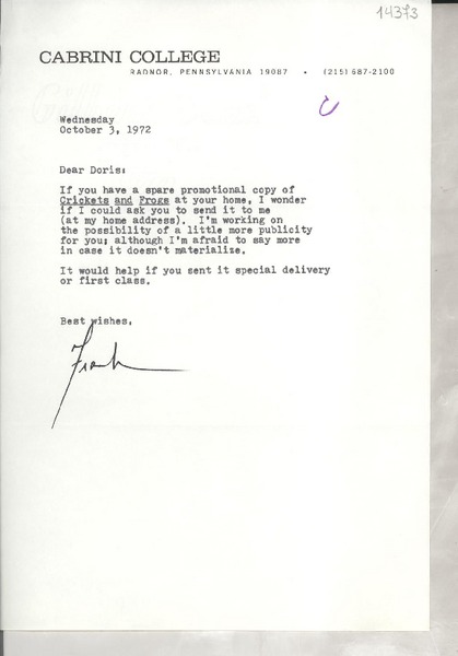 [Carta] 1972 Oct. 3, [Radnor, Pennsylvannia, Estados Unidos] [a] Dear Doris