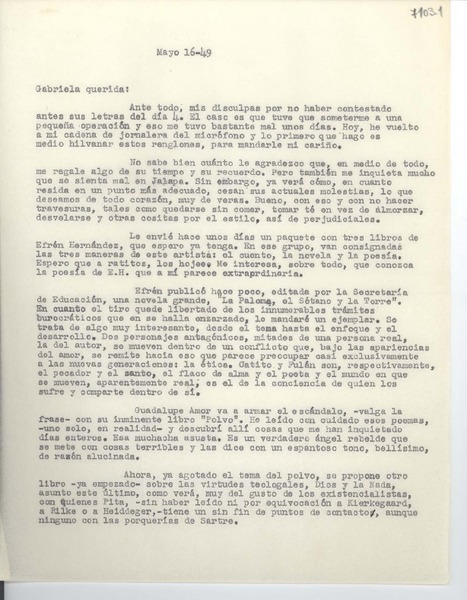 [Carta] 1949 mayo 16, [México] [a] Gabriela Mistral