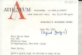 [Carta] 1974 June 28, 122 East 42 street, New York City 10017, [EE.UU.] [a] Miss Doris Dana, Box 784, Hildreth Lane, Bridgehampton, N. Y. 11932, [EE.UU.]