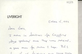 [Carta] 1972 Oct. 15, [New York, Estados Unidos] [a] Dear Doris