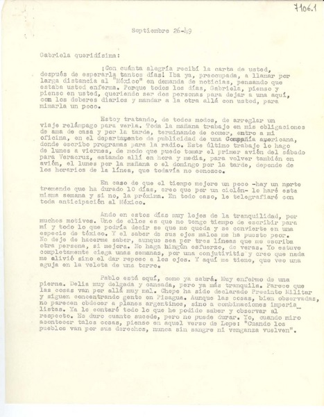 [Carta] 1949 sept. 26, [México] [a] Gabriela Mistral