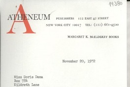 [Carta] 1972 Nov. 20, 122 East 42 street, New York city 10017, [Estados Unidos] [a] Miss Doris Dana, Box 784, Hildreth Lane, Bridgehampton, N. Y. 11932