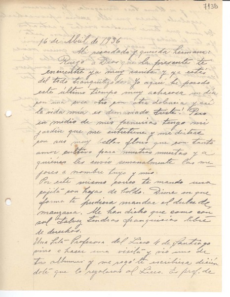 [Carta] 1936 abr. 16, [La Serena] [a] Gabriela Mistral