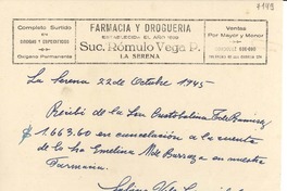 [Recibo] 1945 oct. 22, La Serena [a] Cristobalina T. de Ramírez