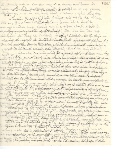 [Carta] 1945 dic. 6, La Serena [a] Gabriela Mistral