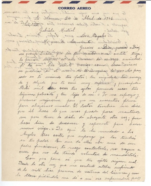 [Carta] 1946 abr. 24, La Serena, [Chile] [a] Gabriela Mistral