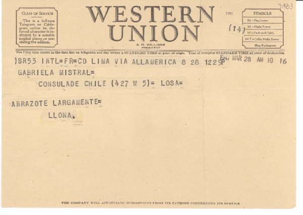 [Telegrama] 1947 mar. 28, Lima, [Perú] [a] Gabriela Mistral, Consulado de Chile, Los Angeles, [EE.UU.]
