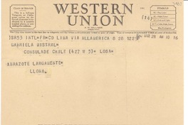 [Telegrama] 1947 mar. 28, Lima, [Perú] [a] Gabriela Mistral, Consulado de Chile, Los Angeles, [EE.UU.]