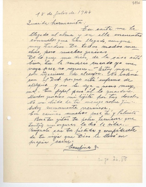 [Carta] 1944 jul. 18, [La Serena] [a] Gabriela Mistral