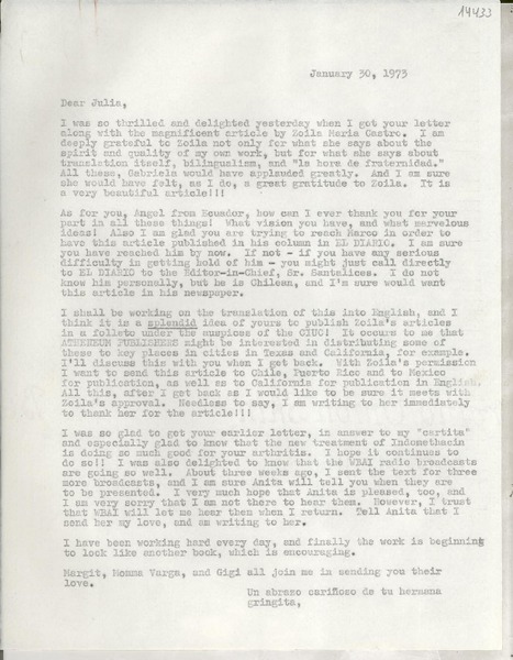 [Carta] 1973 Jan. 30 [a] Dear Julia [M. Blanco]