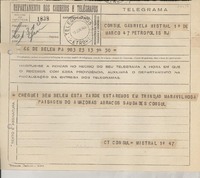 Telegrama 1944 jun. 13, Belem PA, [Brasil] [a la] Cónsul Gabriela Mistral, Petrópolis, R J, [Brasil]