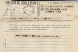 Telegrama 1944 jun. 14, Piedras, Puerto Rico [a] Gabriela Listral [i.e. Mistral], Consulado Chile, Petrópolis, R J, [Brasil]
