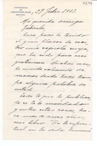 [Carta] 1943 jul. 27, Concepción [a] Gabriela Mistral