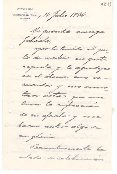 [Carta] 1944 jul. 14, Concepción [a] Gabriela Mistral