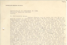 [Carta] 1933 sept. 25, Barcelona, [España] [a] Gabriela Mistral, Madrid