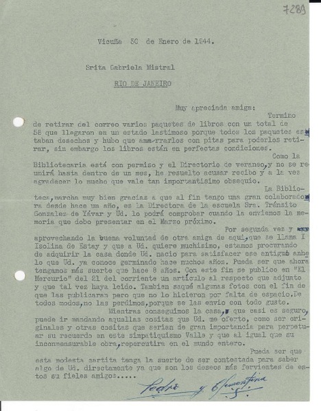 [Carta] 1944 ene. 30, Vicuña [Chile] [a] Gabriela Mistral, Río de Janeiro