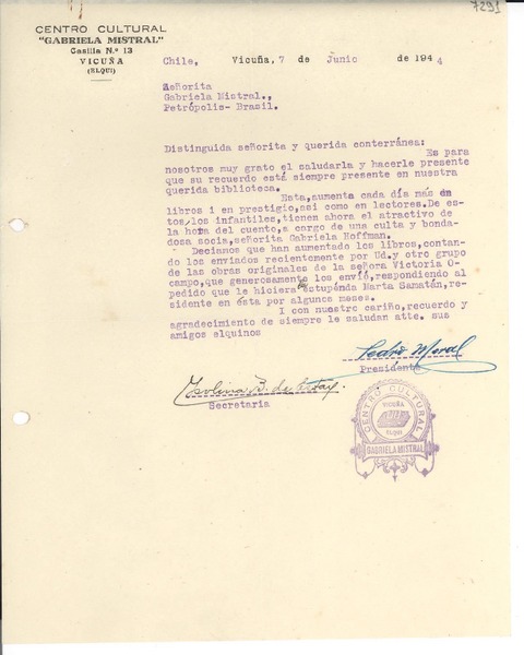 [Carta] 1944 jun. 7, Vicuña [Chile] [a] Gabriela Mistral, Petrópolis, Brasil