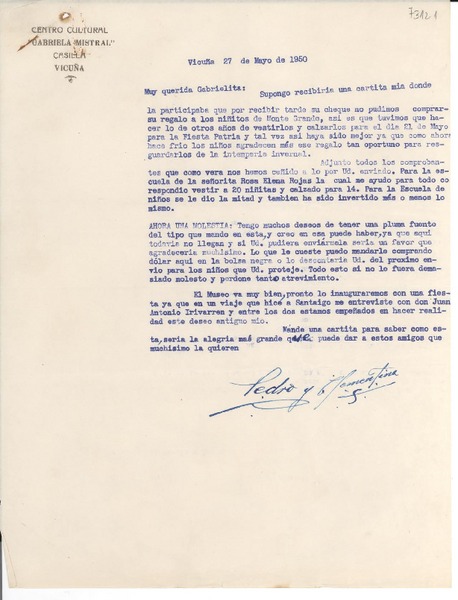 [Carta] 1950 mayo 27, Vicuña, [Chile] [a] Gabrielita [Mistral]