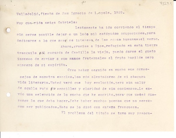 [Carta] 1929, Valladolid, [España] [a] [Gabriela Mistral]
