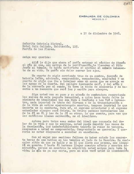 [Carta] 1948 dic. 19, México D. F. [a] Gabriela Mistral, Hotel Ruiz Galindo, Habitación 117, Fortín de las Flores