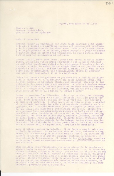 [Carta] 1949 nov. 28, Bogotá [a] Mariano Ospina Pérez
